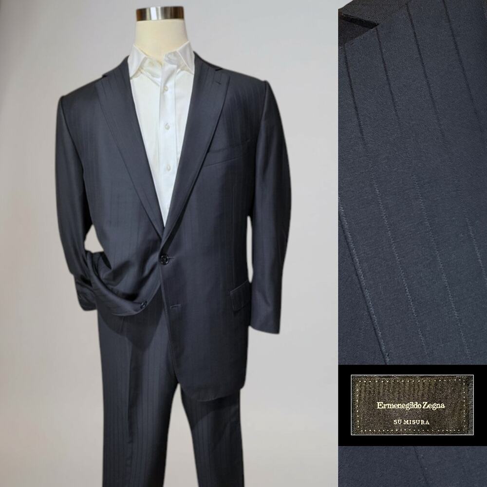 Ermenegildo Zegna Su Misura ROM 50L 44x31 Dark Blue Stripe Suspenders Soltex